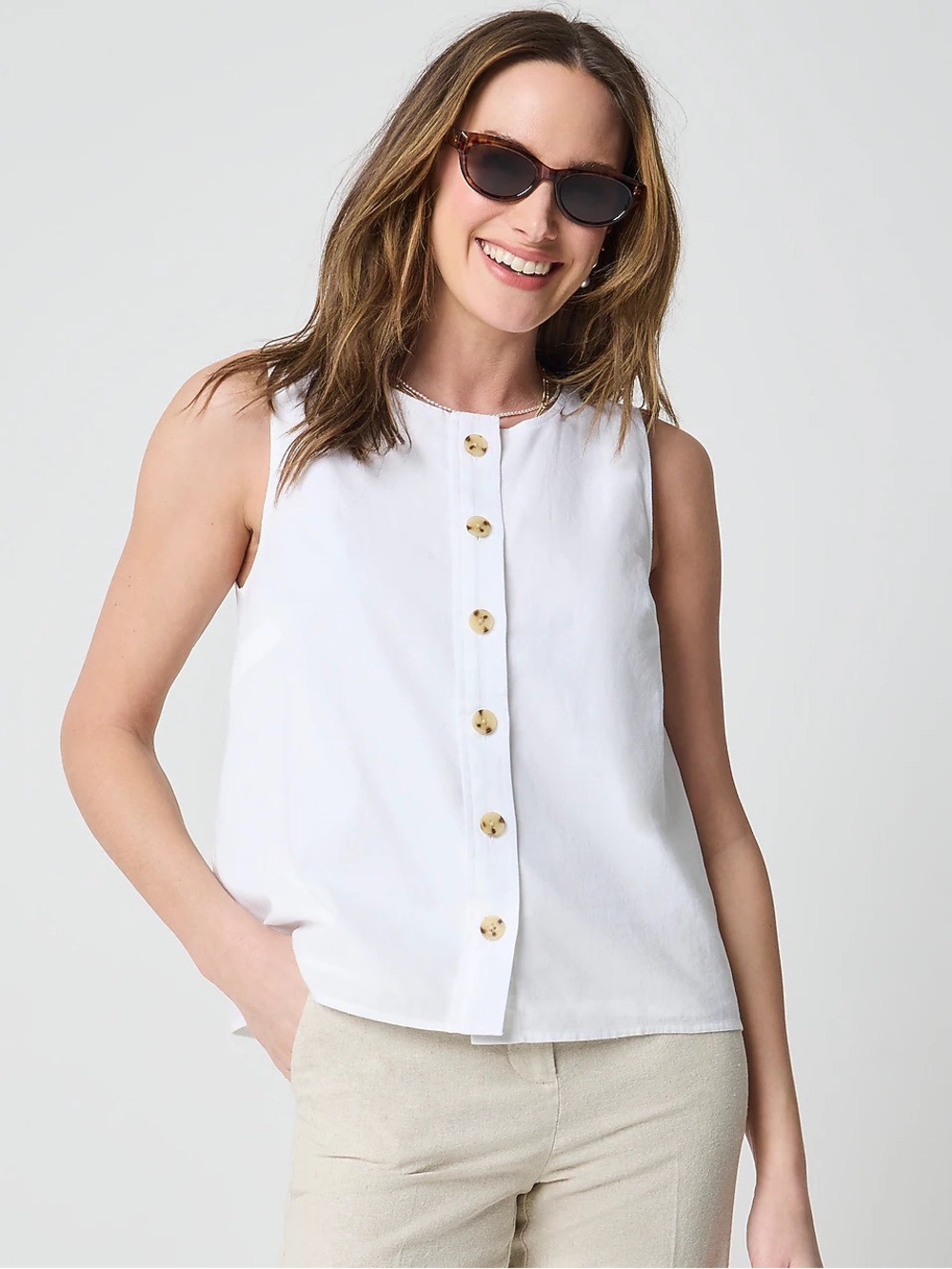 J. Crew White Sleeveless Button-Front Tank
